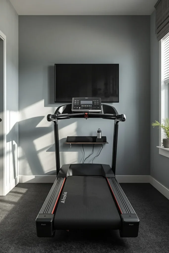 18 Home Gym Ideas That Make Working Out at Home Feel Seriously Motivating 16 home gym, featuring a wall-mounted TV positioned in front of a treadmill