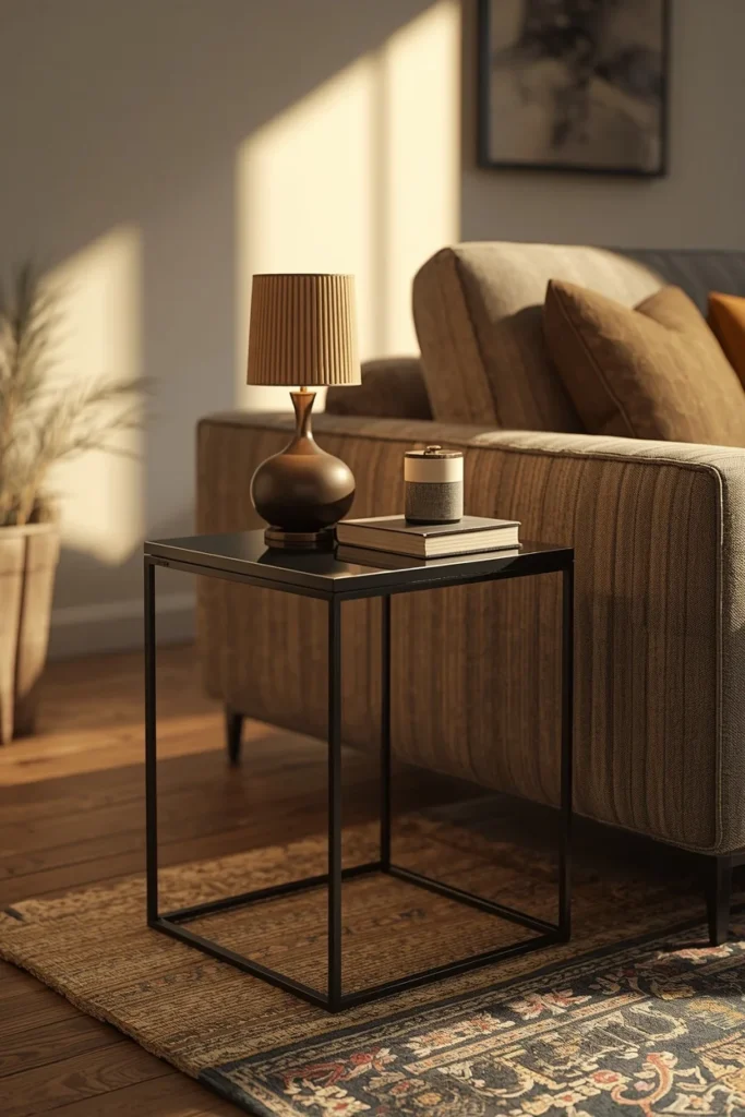 18 IKEA Hack Ideas That Turn Basic Furniture Into Designer Pieces 16 living room corner, featuring a small metal cube side table with a matte black frame
