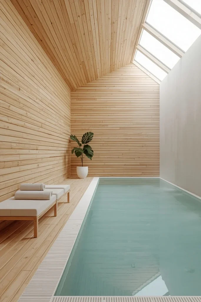 23 Modern Indoor Pool Designs That Are Pure Luxury Right Inside Your Home 16 Scandinavian indoor pool room, warm blonde pine timber
