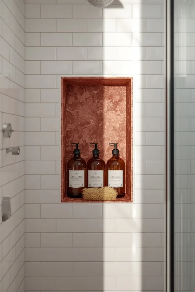17 Red Marble Bathroom Ideas That Scream Luxury From Every Angle 16 walk-in shower, featuring a recessed shower niche lined in red marble