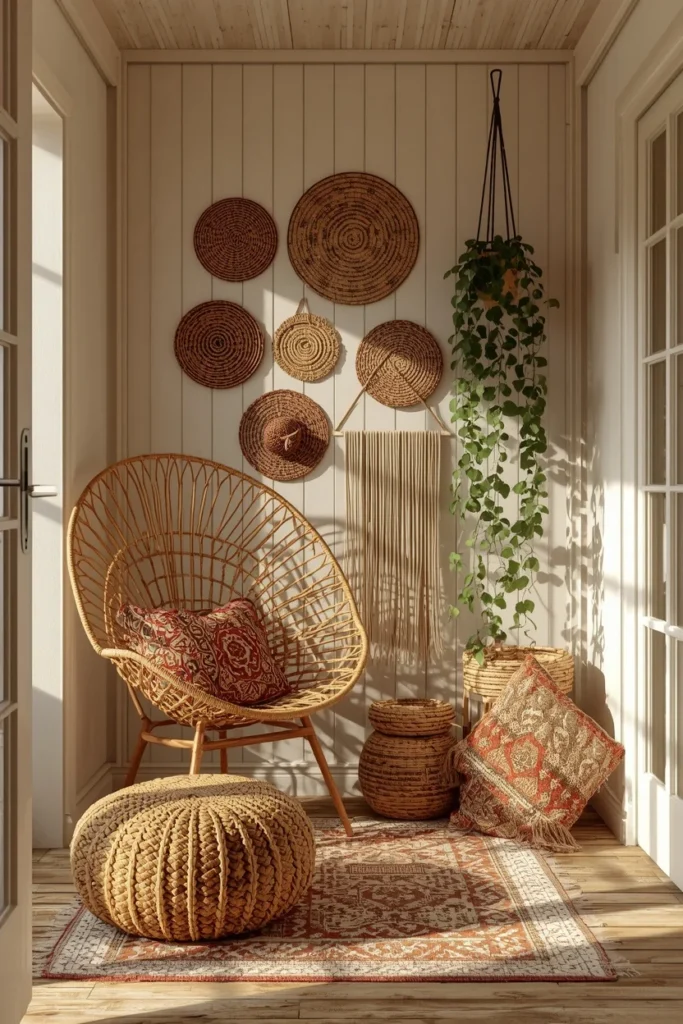 25 She Shed Interior Ideas That Create the Ultimate Personal Retreat 16 boho she shed lounge, featuring a rattan peacock chair