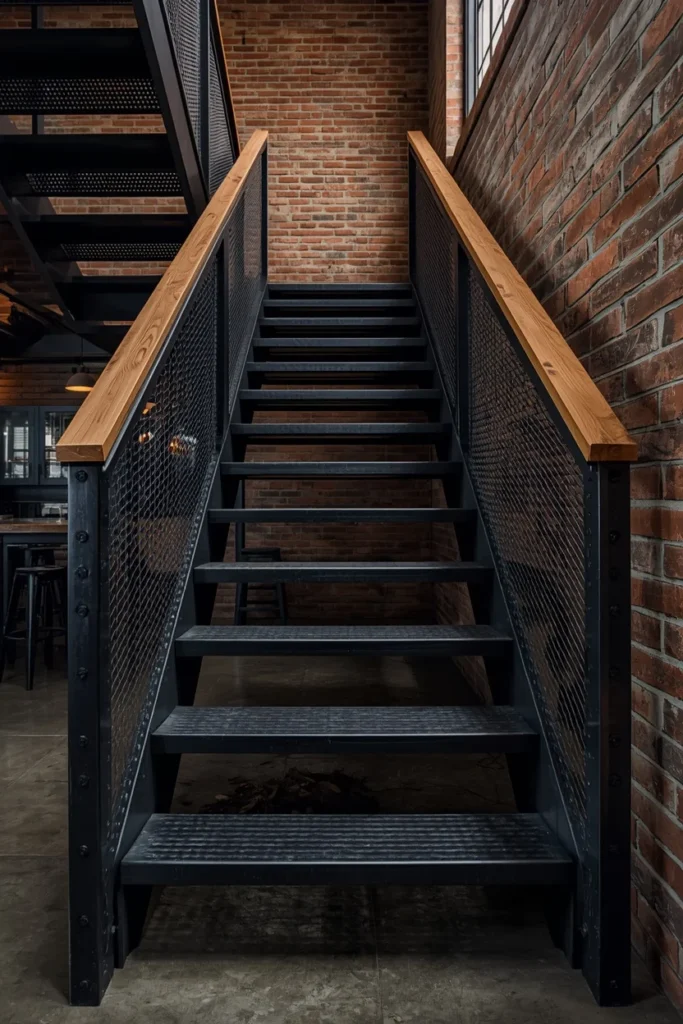 18 Staircase Ideas That Turn a Functional Feature Into a Stunning Design Statement 16 industrial steel staircase, featuring raw matte black steel treads