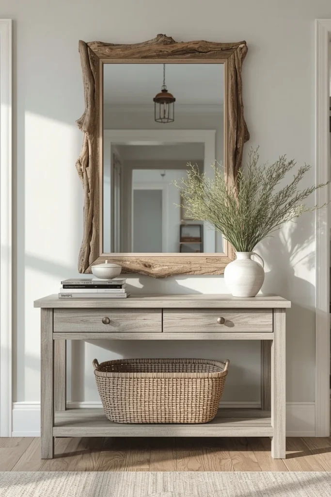 20 Summer House Interior Ideas That Are Bright, Breezy & Beautifully Relaxed 16 summer house entryway, featuring a large driftwood-framed mirror