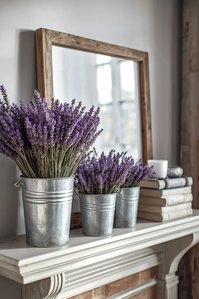 20 Summer Mantel Ideas That Bring Breezy Seasonal Charm Into Your Home 16 fireplace mantel, featuring galvanized metal buckets