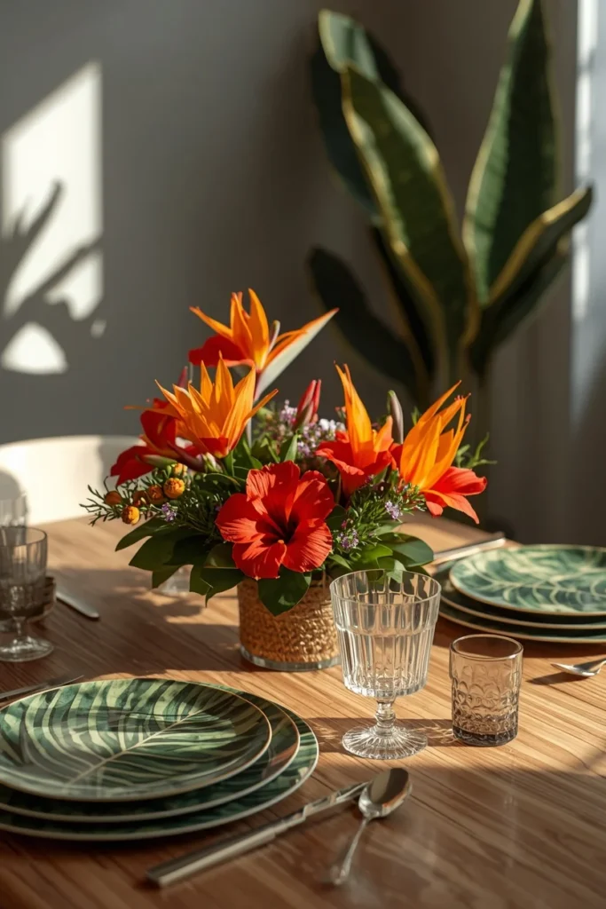 24 Summer Tablescape Ideas That Are Fresh, Colorful & Totally Stunning 16 summer table featuring a low centerpiece of bold red hibiscus and orange bird
