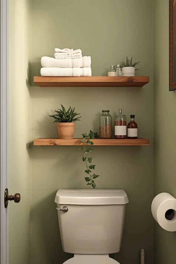 24 Tiny Powder Room Ideas That Make the Biggest Impression 16 small powder room, featuring two floating oak shelves