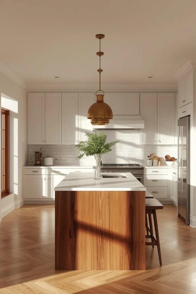 23 Two-Tone Kitchen Cabinet Combos That Look Insanely Expensive 16 kitchen, featuring an all-white perimeter with a rich walnut wood kitchen island
