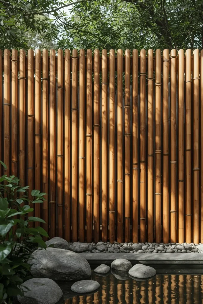 17 Wood Privacy Fence Ideas That Are Beautiful, Functional & Totally Chic 16 zen-inspired backyard exterior, featuring a vertical bamboo-style wood fence