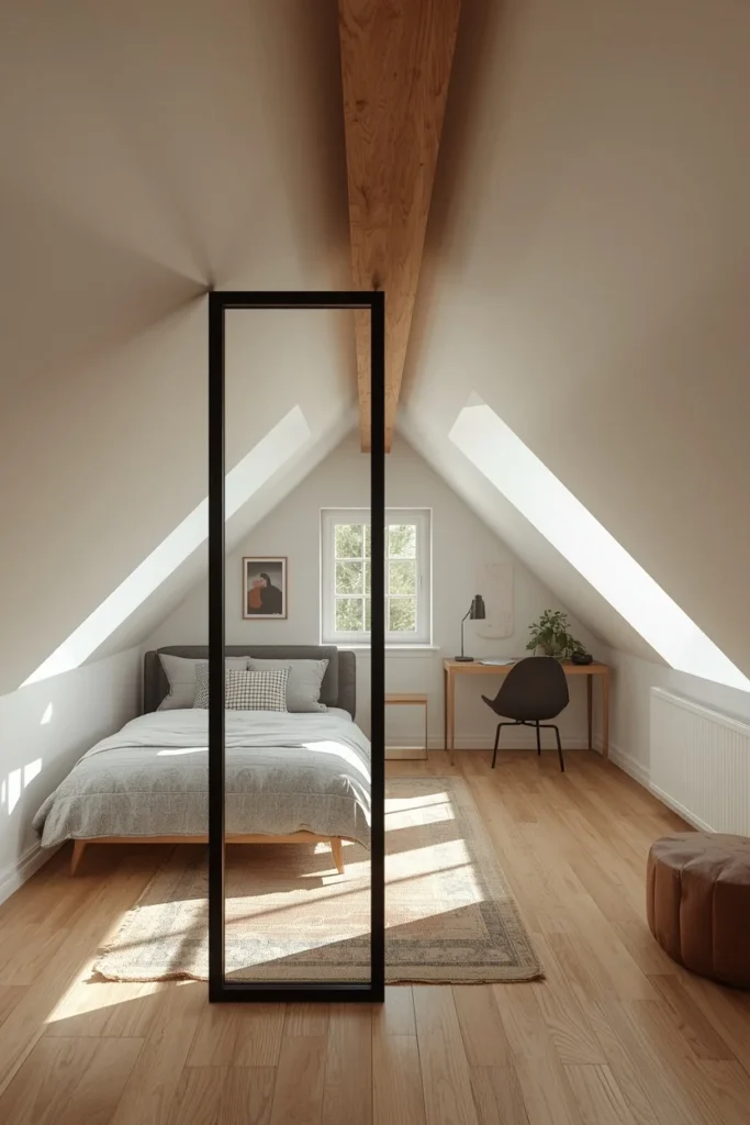 19 Attic Bedroom Ideas That Turn Forgotten Space Into a Dreamy Hideaway 17 attic loft shot, featuring a slim black metal-framed glass