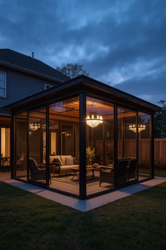 18 Backyard Gazebo Ideas That Create the Most Beautiful Outdoor Escape 17 backyard, featuring a glass-sided luxury outdoor living room gazebo