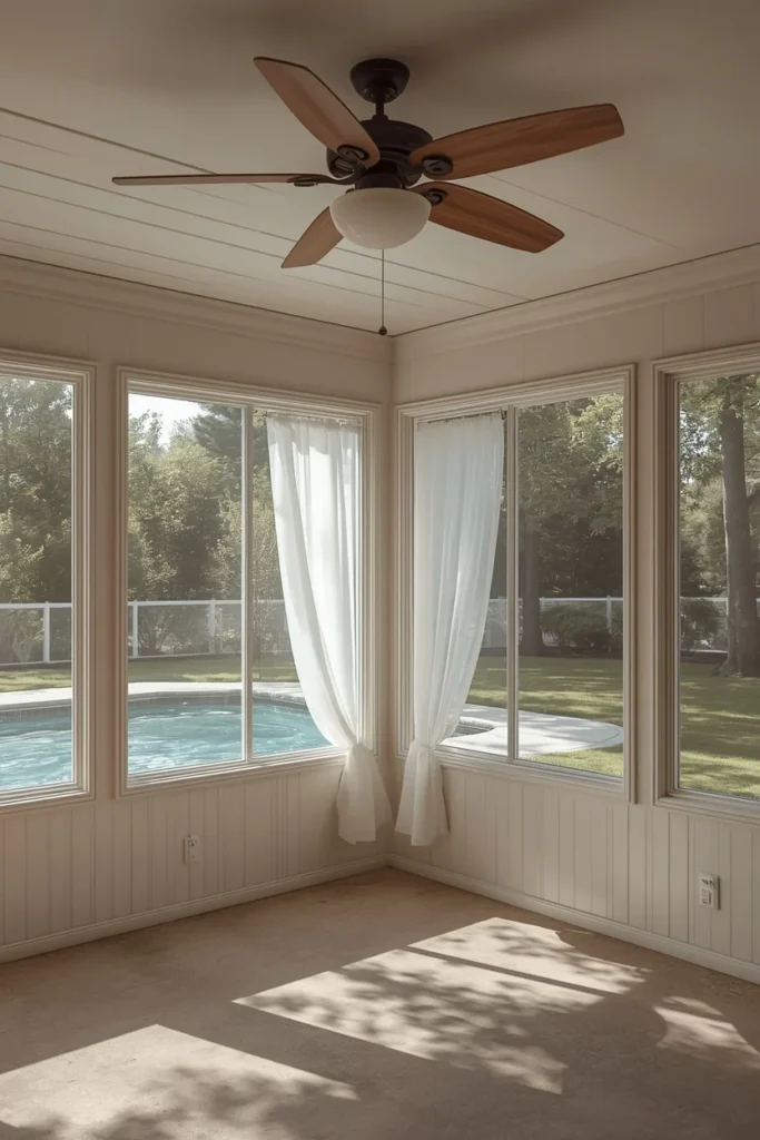 17 Backyard Pool House Ideas That Are Stylish, Functional & Totally Dreamy 17 pool house interior, featuring a wood ceiling fan
