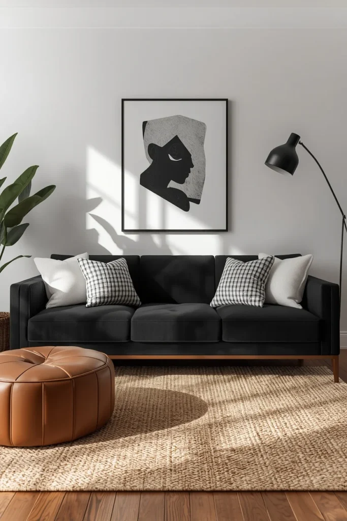 23 Black Sofa Living Room Ideas That Look Sleek, Bold & Super Expensive 17 living room, featuring a black sofa with white and gray cushions
