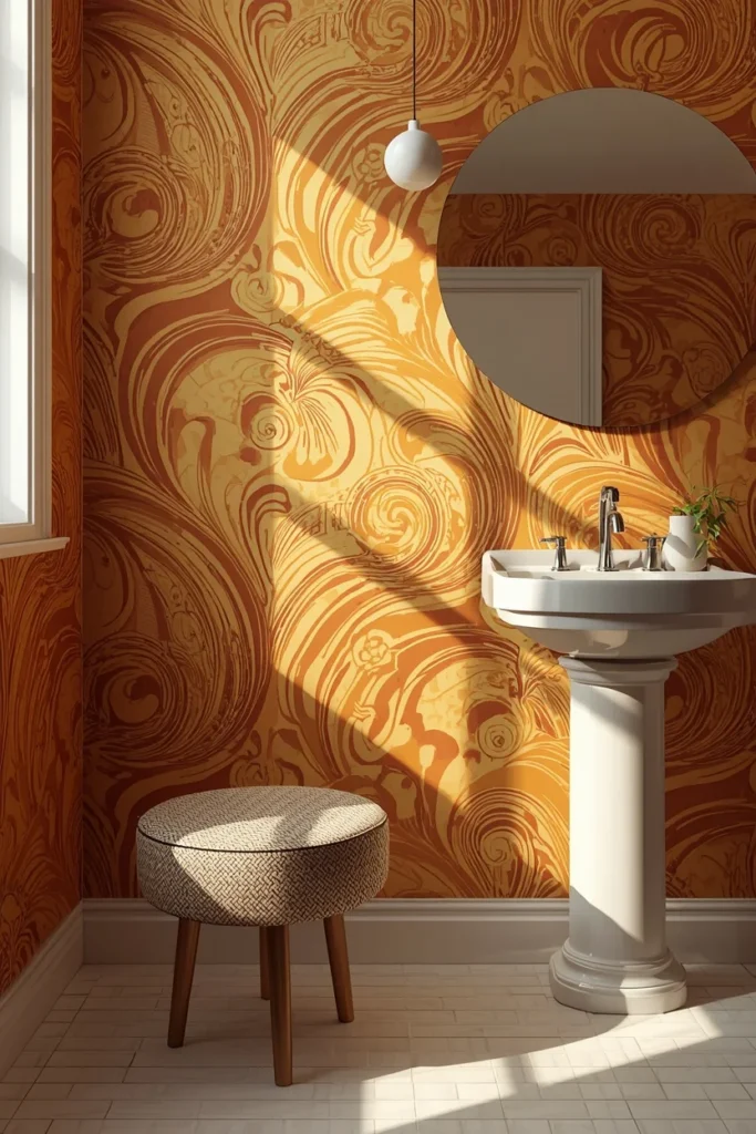 22 Bold Bathroom Wallpaper Ideas That Make Every Guest Say Wow 17 bathroom, featuring swirling 70s-inspired retro wallpaper