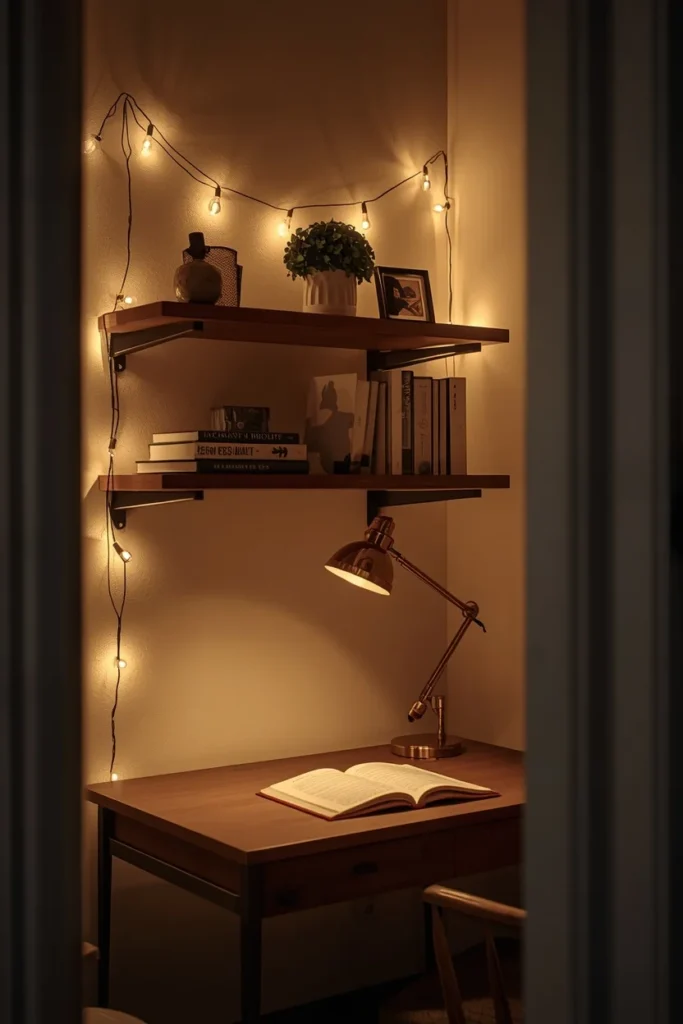 17 Cozy Study Space Ideas That Make Focusing Feel Effortless & Enjoyable 17 study corner, featuring warm string lights draped along a floating shelf