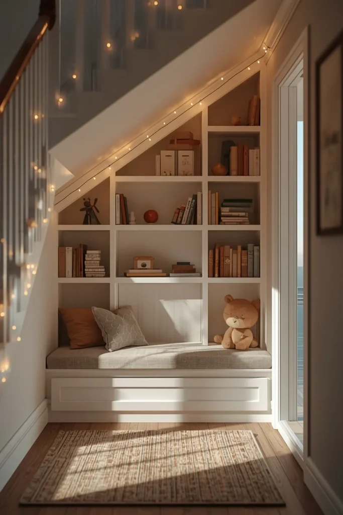 22 Genius Playroom Ideas That Kids Will Love & Parents Will Actually Appreciate 17 under-stairs playroom nook, featuring built-in shelving