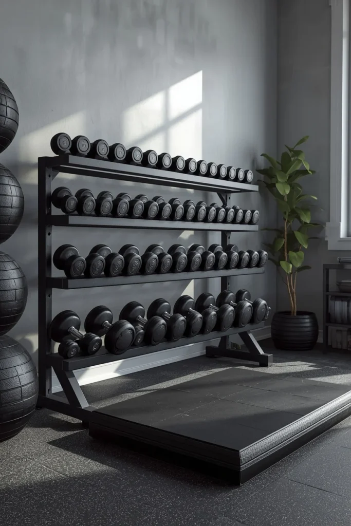 18 Home Gym Ideas That Make Working Out at Home Feel Seriously Motivating 17 home gym, featuring a matte black wall-mounted dumbbell
