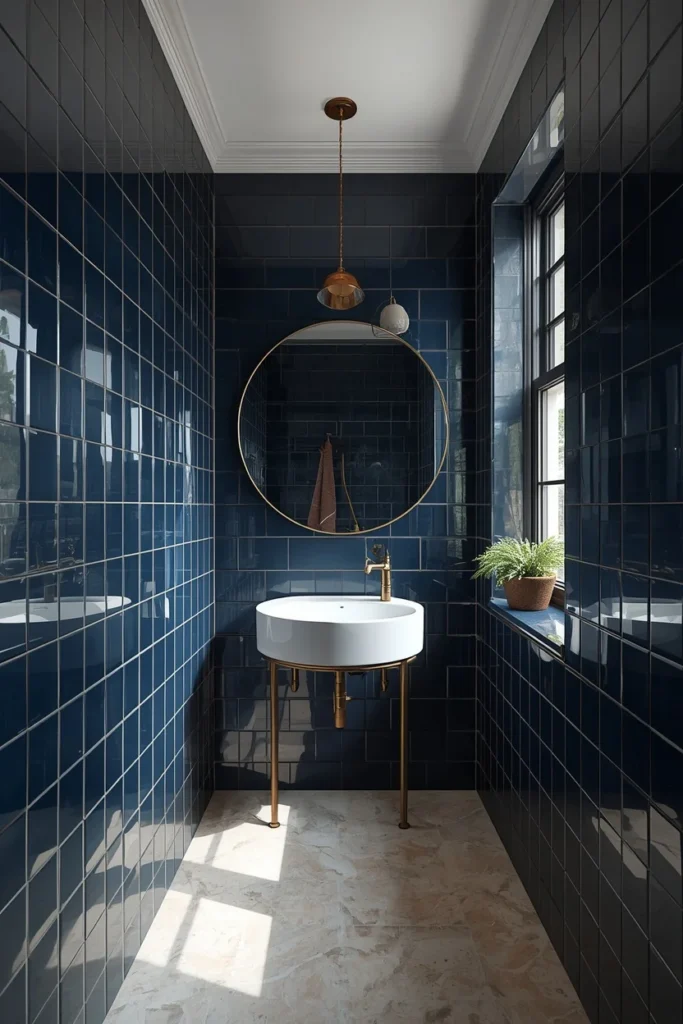 16 Moody Blue Bathroom Ideas That Feel Luxurious & Deeply Relaxing 17 small bathroom, featuring glossy deep navy blue tile walls