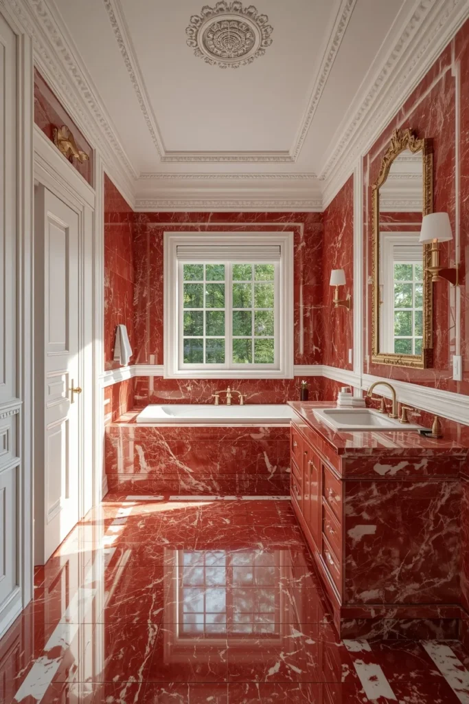 17 Red Marble Bathroom Ideas That Scream Luxury From Every Angle 17 large primary bathroom, featuring continuous red marble