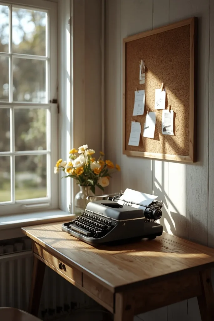 25 She Shed Interior Ideas That Create the Ultimate Personal Retreat 17 she shed writing retreat, featuring a vintage typewriter on a wood desk facing a window,