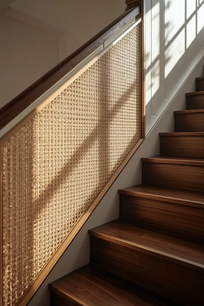 18 Staircase Ideas That Turn a Functional Feature Into a Stunning Design Statement 17 staircase, featuring a woven cane infill panel along a landing rail