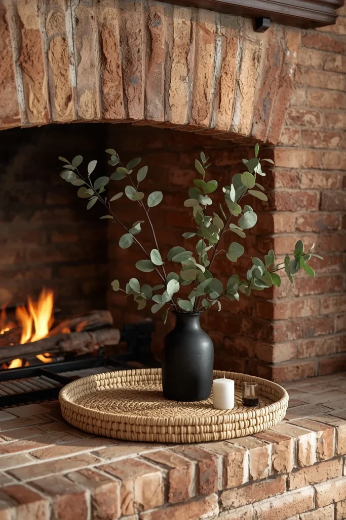 20 Summer Mantel Ideas That Bring Breezy Seasonal Charm Into Your Home 17 fireplace mantel, featuring a woven seagrass tray as a base,