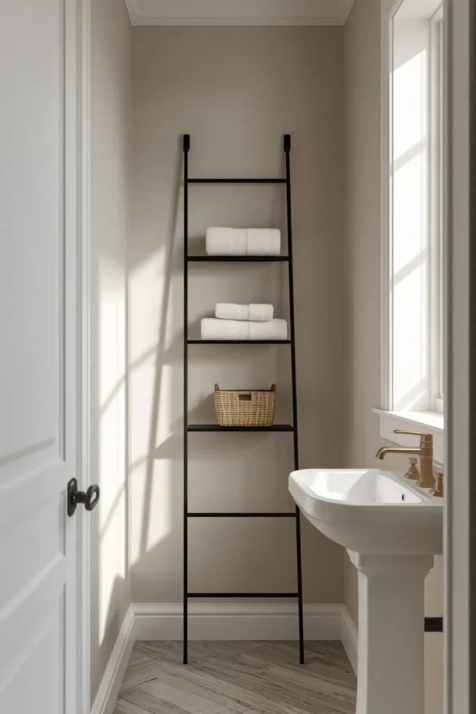 24 Tiny Powder Room Ideas That Make the Biggest Impression 17 small powder room, featuring a slim black metal ladder