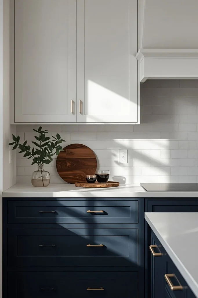 23 Two-Tone Kitchen Cabinet Combos That Look Insanely Expensive 17 kitchen, featuring stormy blue lower cabinets and crisp white upper cabinets