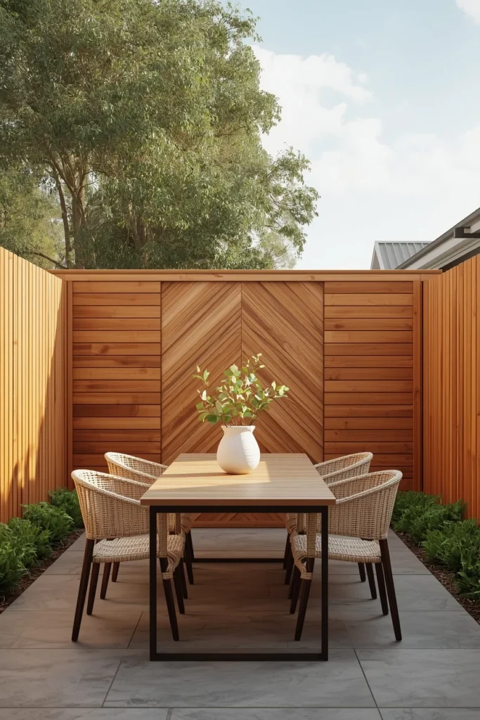 17 Wood Privacy Fence Ideas That Are Beautiful, Functional & Totally Chic 17 modern backyard patio exterior, featuring a wood fence