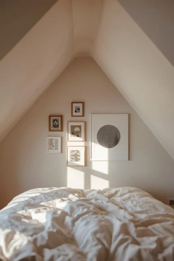 19 Attic Bedroom Ideas That Turn Forgotten Space Into a Dreamy Hideaway 18 attic bedroom shot, featuring a small gallery wall of mixed-frame prints