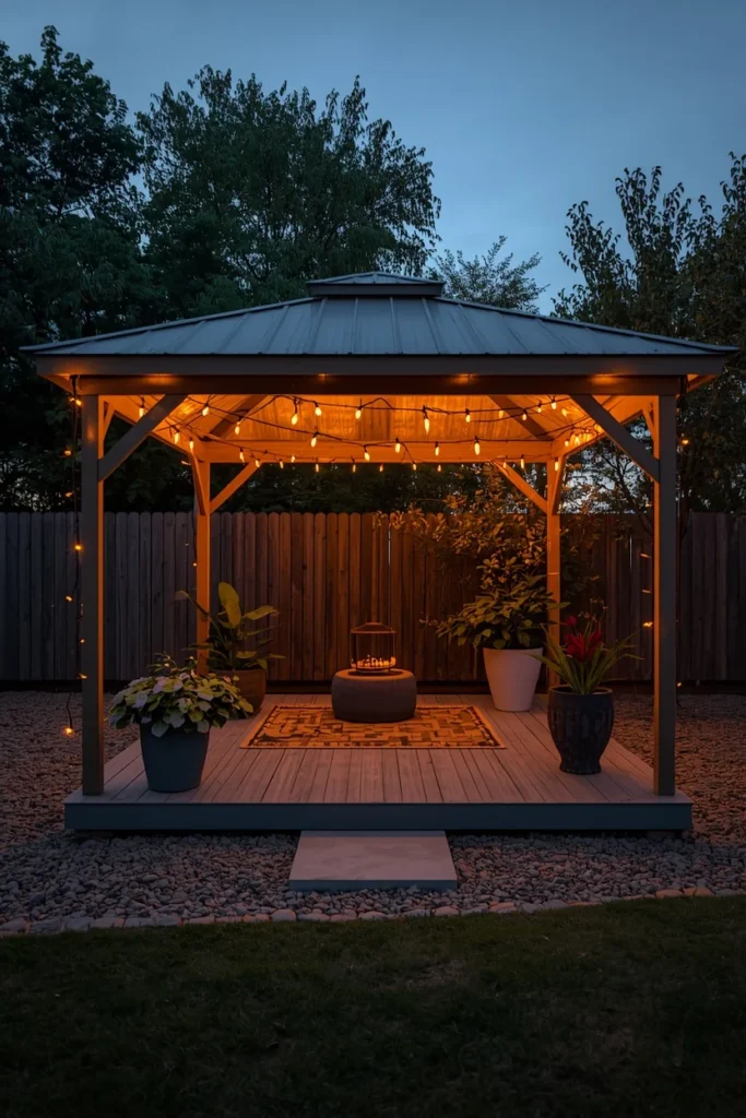 18 Backyard Gazebo Ideas That Create the Most Beautiful Outdoor Escape 18 backyard, featuring a simple kit gazebo set on a crushed gravel base