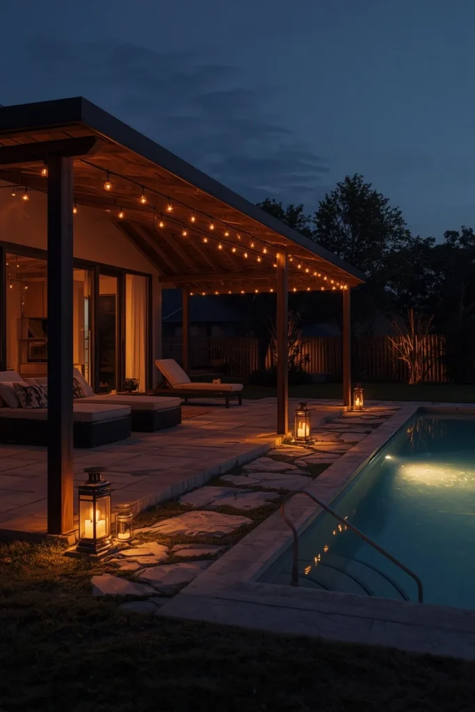 17 Backyard Pool House Ideas That Are Stylish, Functional & Totally Dreamy 18 pool house at night, featuring warm string lights
