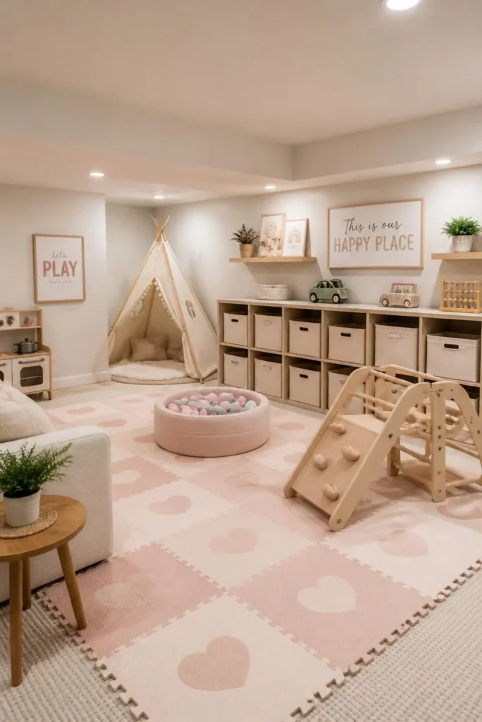24 Basement Ideas That Transform the Most Overlooked Space Into Your Favorite Room 23 basement playroom, featuring soft blush-toned foam floor tiles,