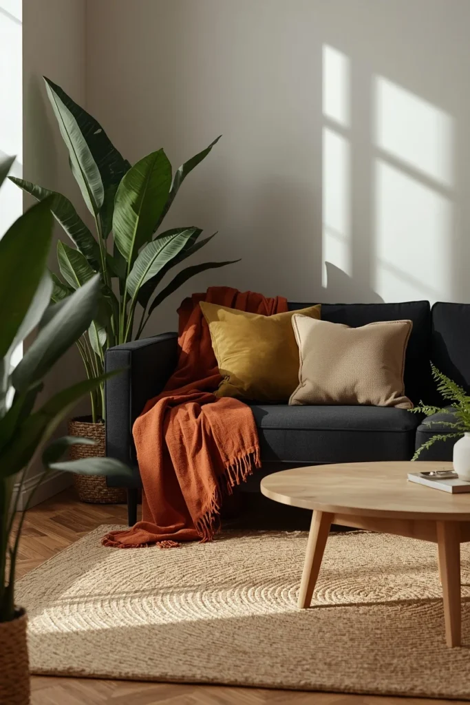 23 Black Sofa Living Room Ideas That Look Sleek, Bold & Super Expensive 18 living room, featuring a black sofa with terracotta throw and olive green velvet cushions,