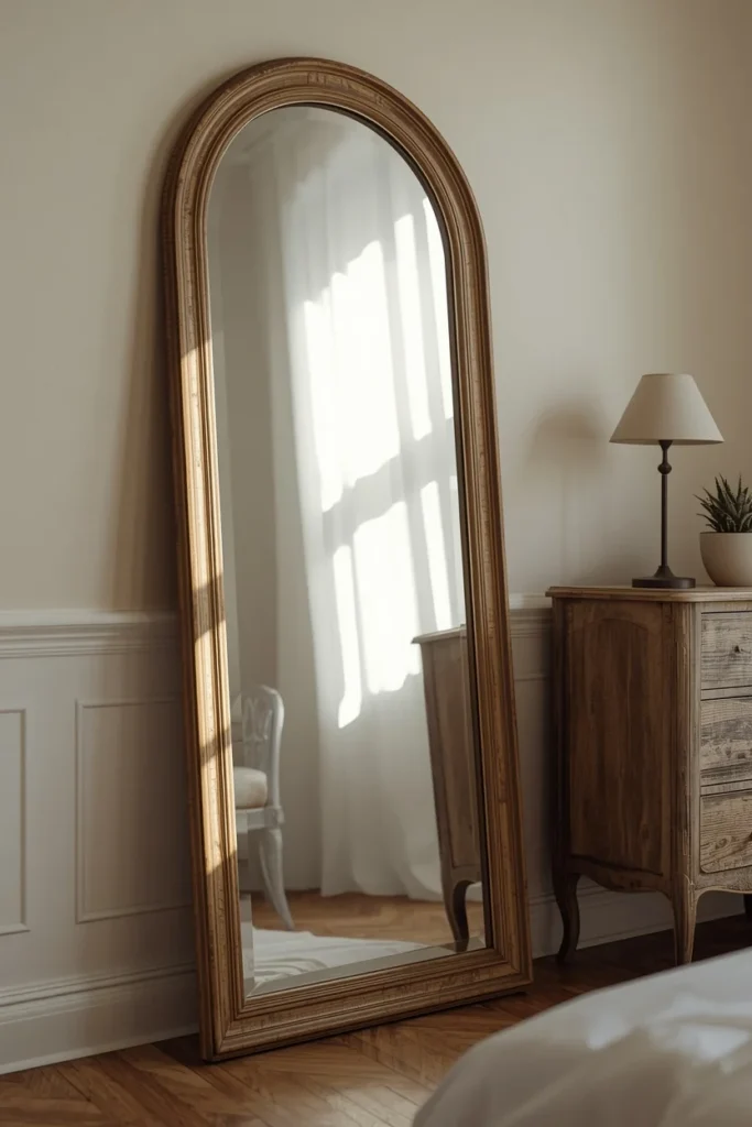 25 Boho Farmhouse Bedroom Ideas That Are Effortlessly Cozy & Beautiful 18 bedroom shot, featuring an antique arched mirror
