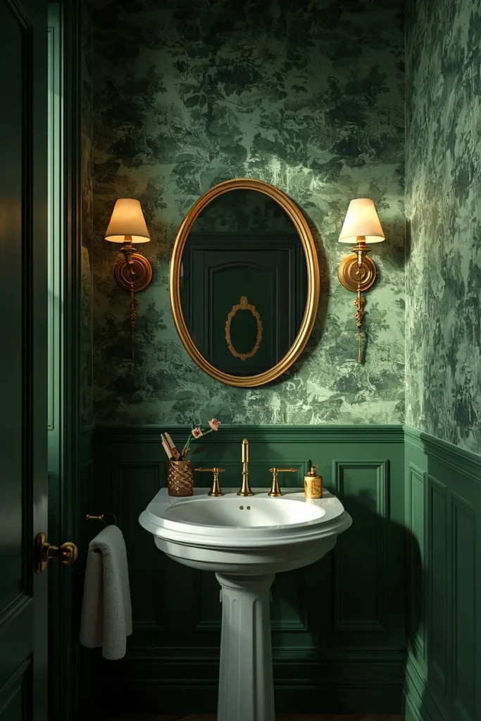 22 Bold Bathroom Wallpaper Ideas That Make Every Guest Say Wow 18 powder room, featuring scenic toile wallpaper