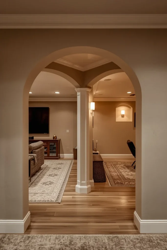 18 Cozy Basement Ideas That Transform Dead Space Into a Family Favorite Room 18 Arched Doorways for Zone Definition — Structure Without Full Walls