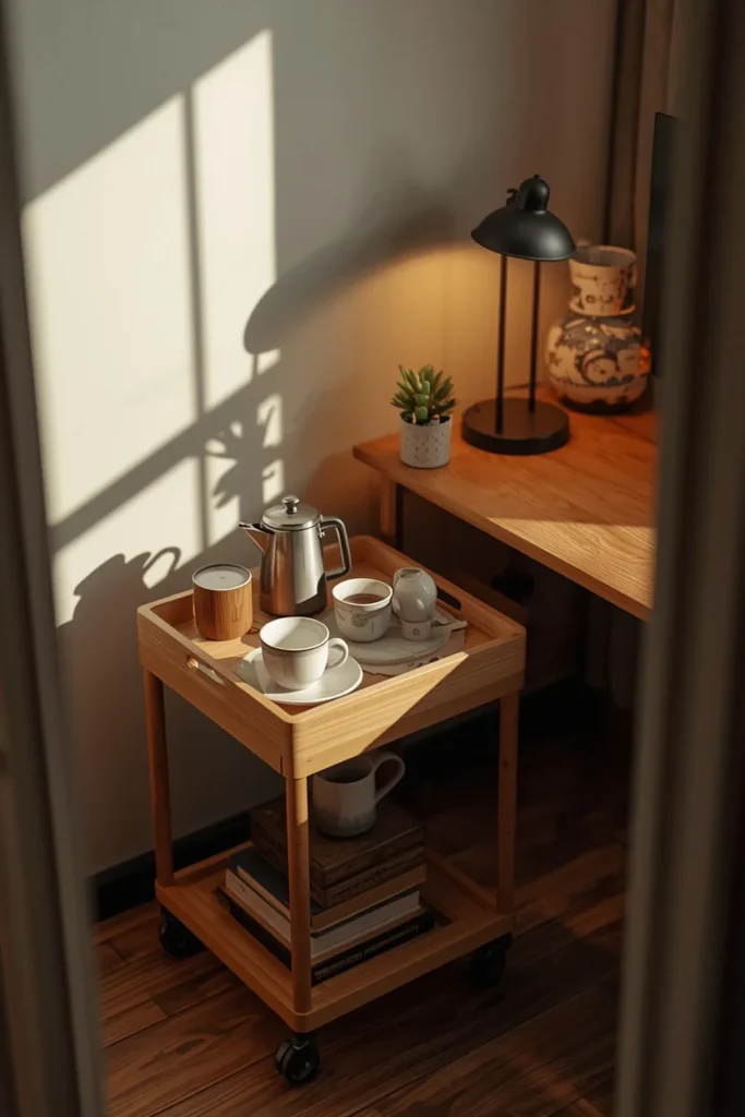 17 Cozy Study Space Ideas That Make Focusing Feel Effortless & Enjoyable 18 study corner, featuring a small wood cart set up as a coffee and tea station