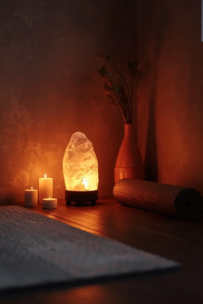 18 Home Gym Ideas That Make Working Out at Home Feel Seriously Motivating 18 home gym calming corner, featuring a Himalayan salt lamp