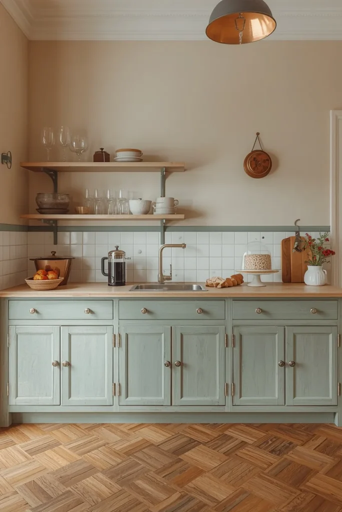 19 Kitchen Aesthetic Ideas So Good You'll Want to Renovate Tomorrow 18 Parisian kitchen aesthetic, gently faded dusty sage-blue painted cabinetry