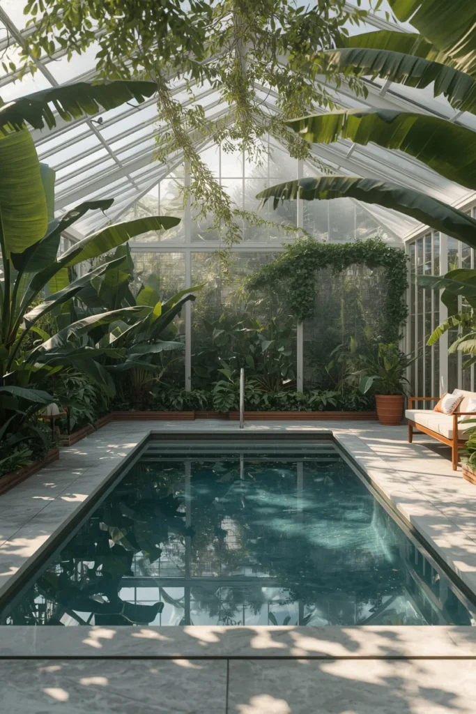 23 Modern Indoor Pool Designs That Are Pure Luxury Right Inside Your Home 18 indoor garden greenhouse pool, large rectangular pool