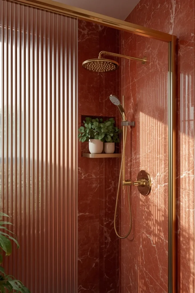 17 Red Marble Bathroom Ideas That Scream Luxury From Every Angle 18 bathroom, featuring a red marble shower wall behind a fluted glass shower door