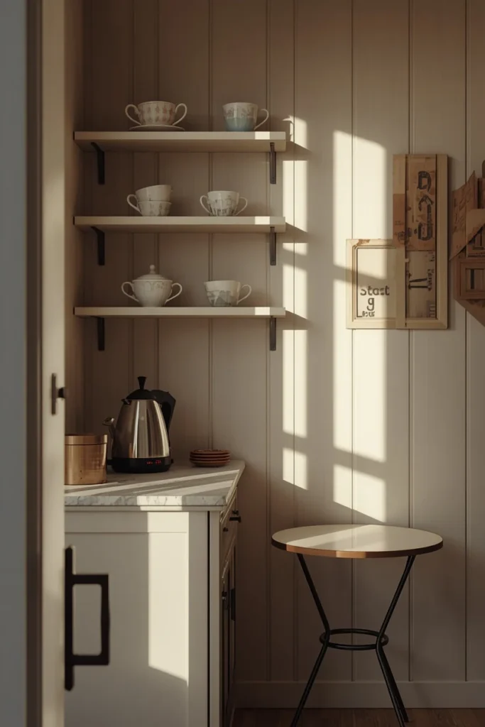 25 She Shed Interior Ideas That Create the Ultimate Personal Retreat 18 she shed tea corner, featuring a narrow counter with an electric kettle,