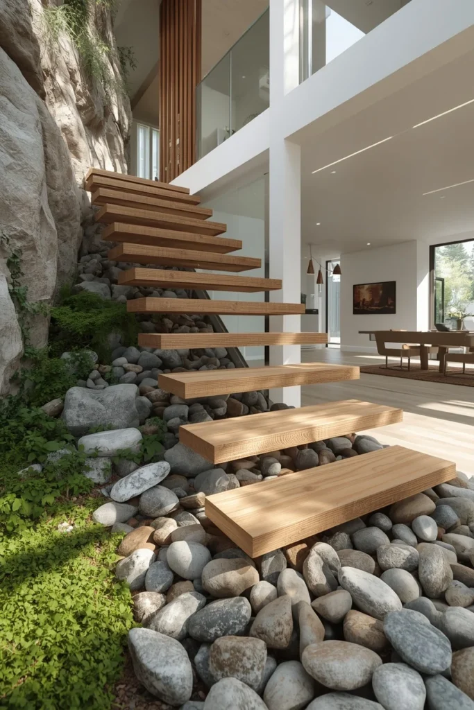18 Staircase Ideas That Turn a Functional Feature Into a Stunning Design Statement 18 staircase, featuring wood or stone steps hovering above a bed of smooth river stones