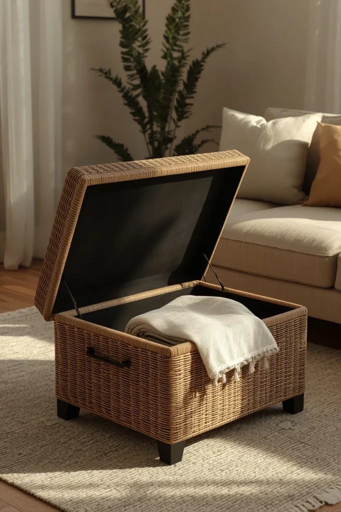 20 Studio Apartment Ideas That Make One Room Feel Like a Whole Beautiful Home 18 studio apartment living room, featuring a woven storage ottoman