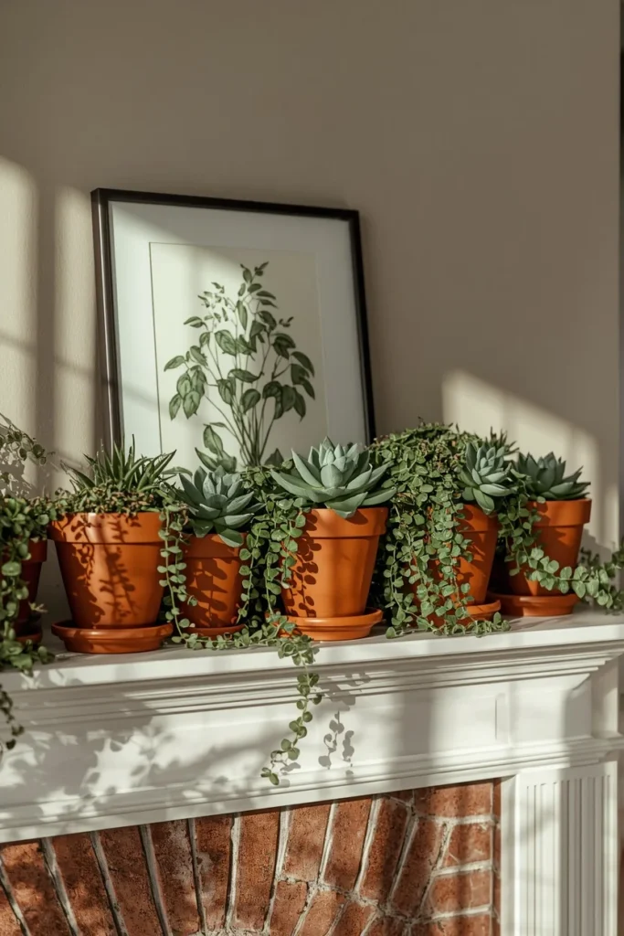 20 Summer Mantel Ideas That Bring Breezy Seasonal Charm Into Your Home 18 fireplace mantel, featuring a cluster of terra cotta pots