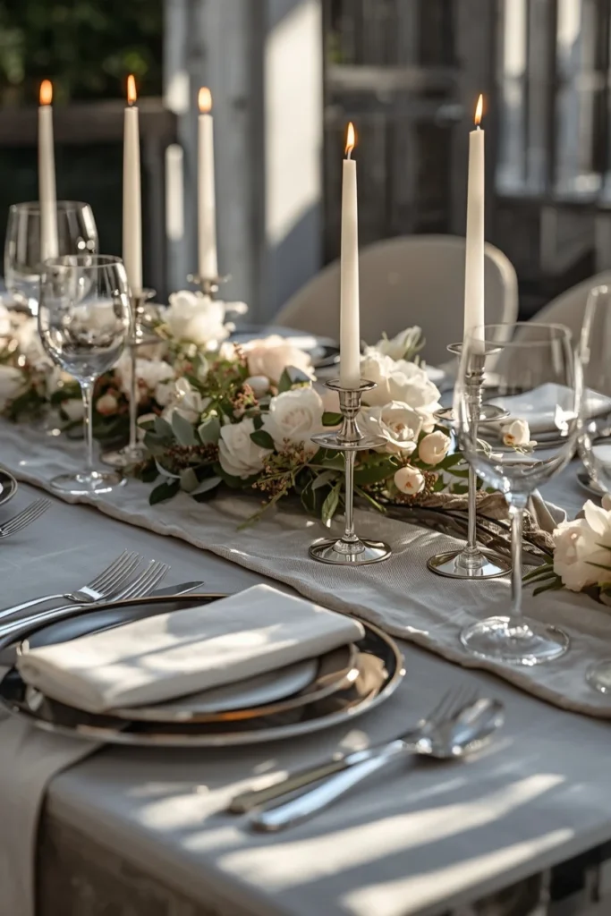 24 Summer Tablescape Ideas That Are Fresh, Colorful & Totally Stunning 18 elegant summer dinner table featuring silvery shimmering linen,