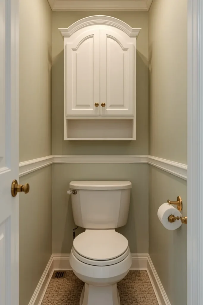 24 Tiny Powder Room Ideas That Make the Biggest Impression 18 small powder room, featuring a white arched-front wall-mounted cabinet