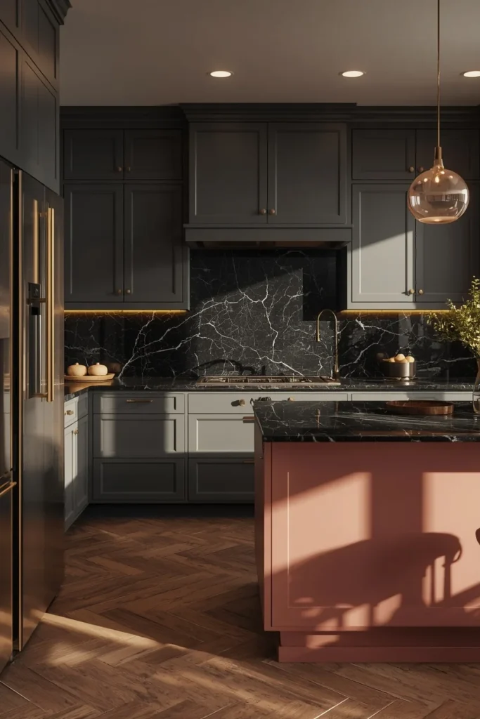 23 Two-Tone Kitchen Cabinet Combos That Look Insanely Expensive 18 kitchen, featuring a dusty rose kitchen island against charcoal gray perimeter cabinets