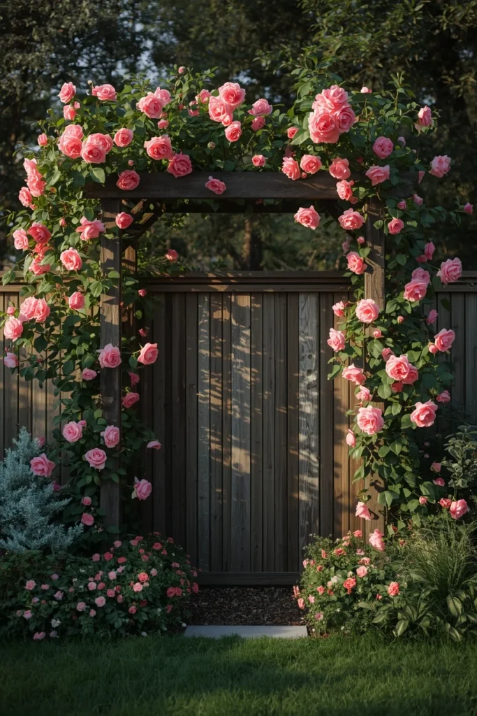 17 Wood Privacy Fence Ideas That Are Beautiful, Functional & Totally Chic 18 English garden backyard exterior, featuring a wood privacy fence
