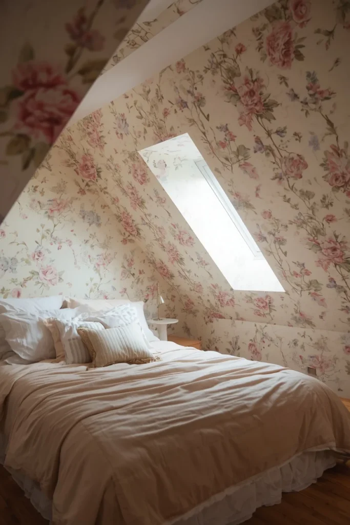 19 Attic Bedroom Ideas That Turn Forgotten Space Into a Dreamy Hideaway 19 attic bedroom shot, featuring delicate floral wallpaper